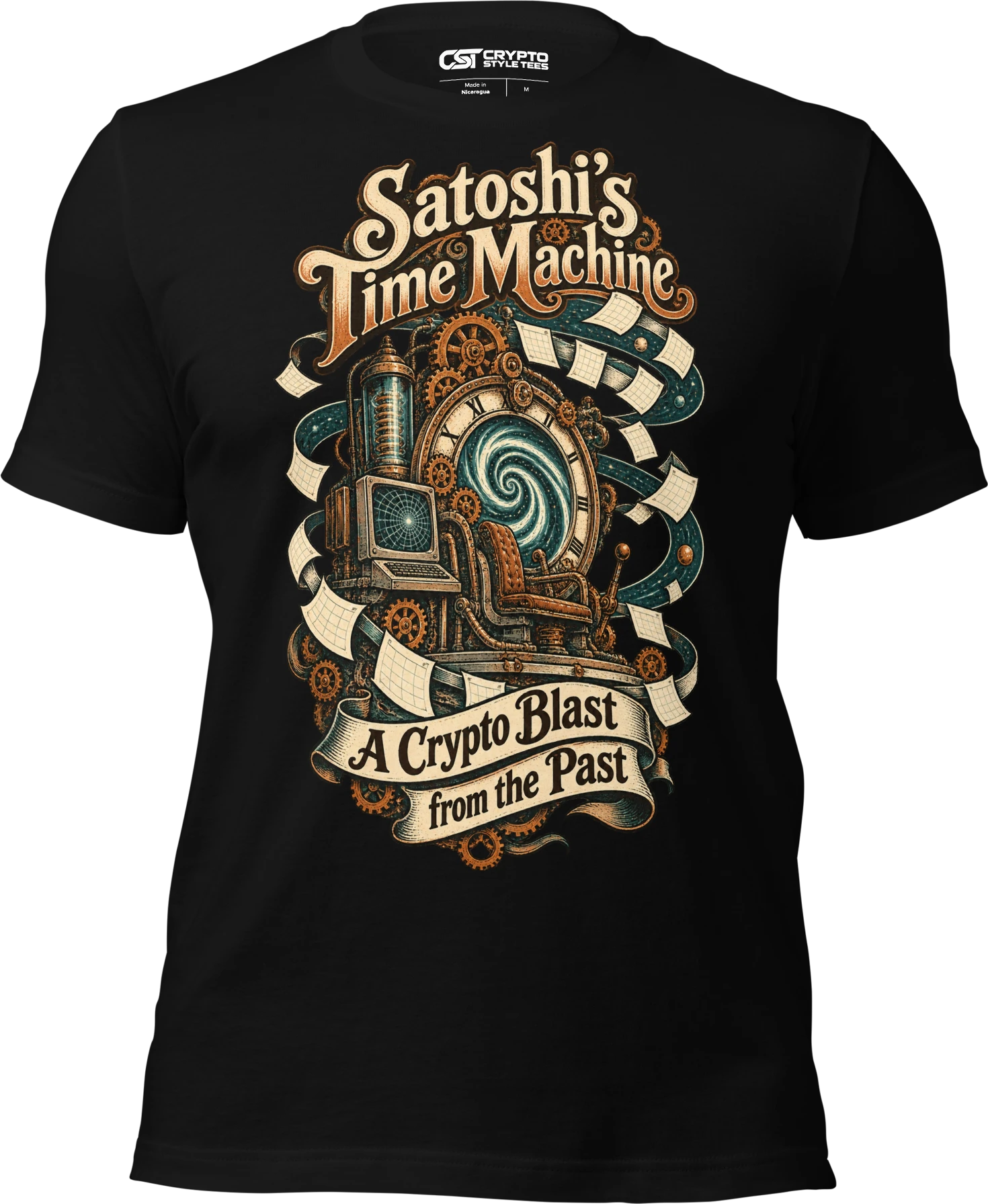 Satoshi’s Time Machine A Crypto Blast from the Past T Shirt in Black