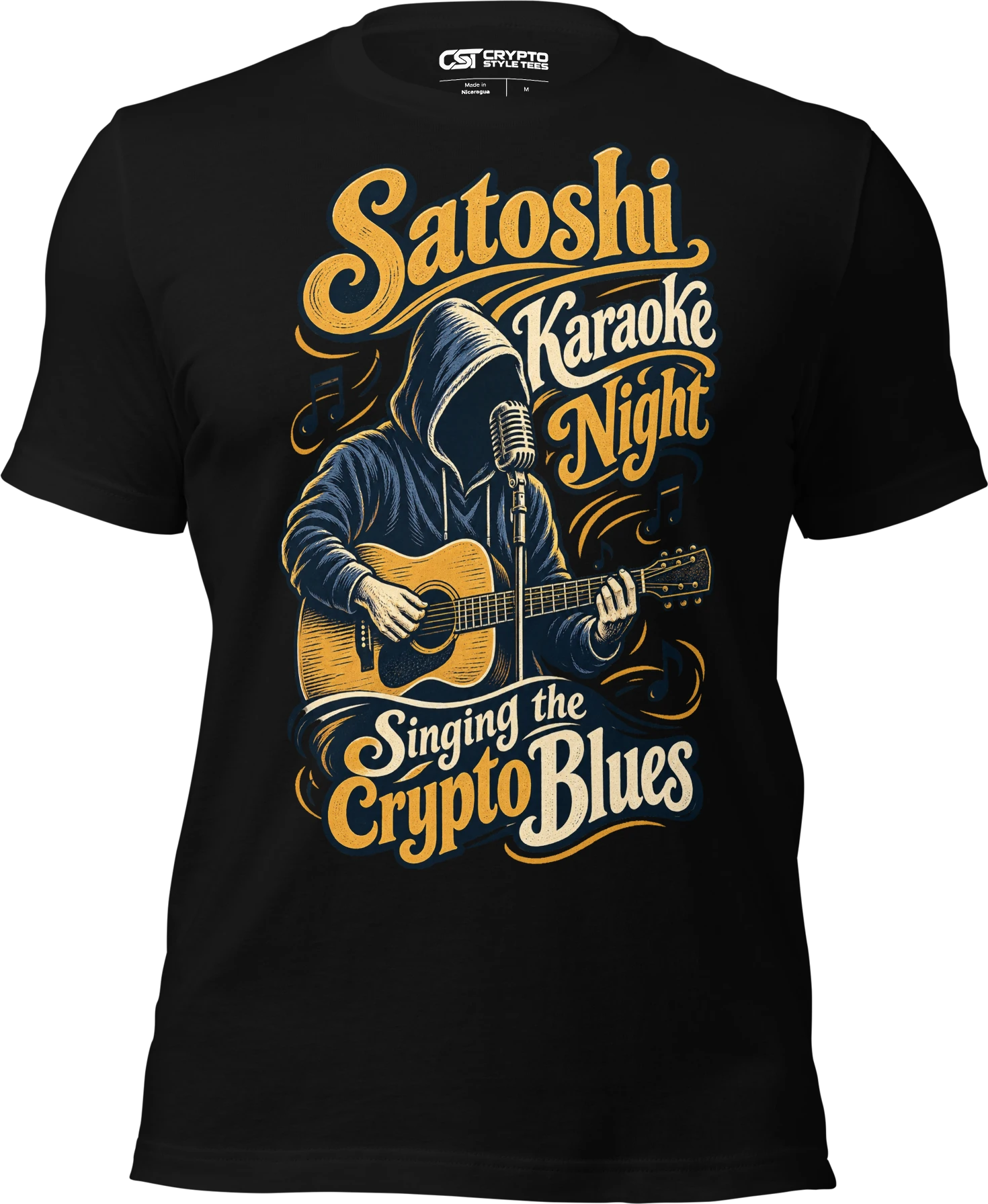 Satoshi Karaoke Night Singing the Crypto Blues T Shirt in Black