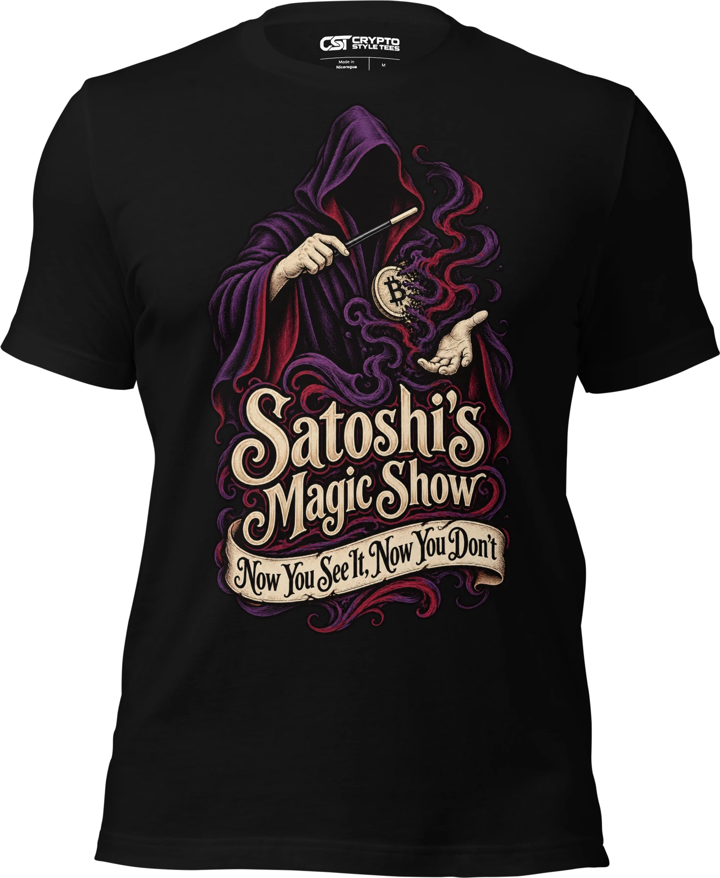 Satoshi’s Magic Show Now You See It, Now You Don’t T Shirt in Black