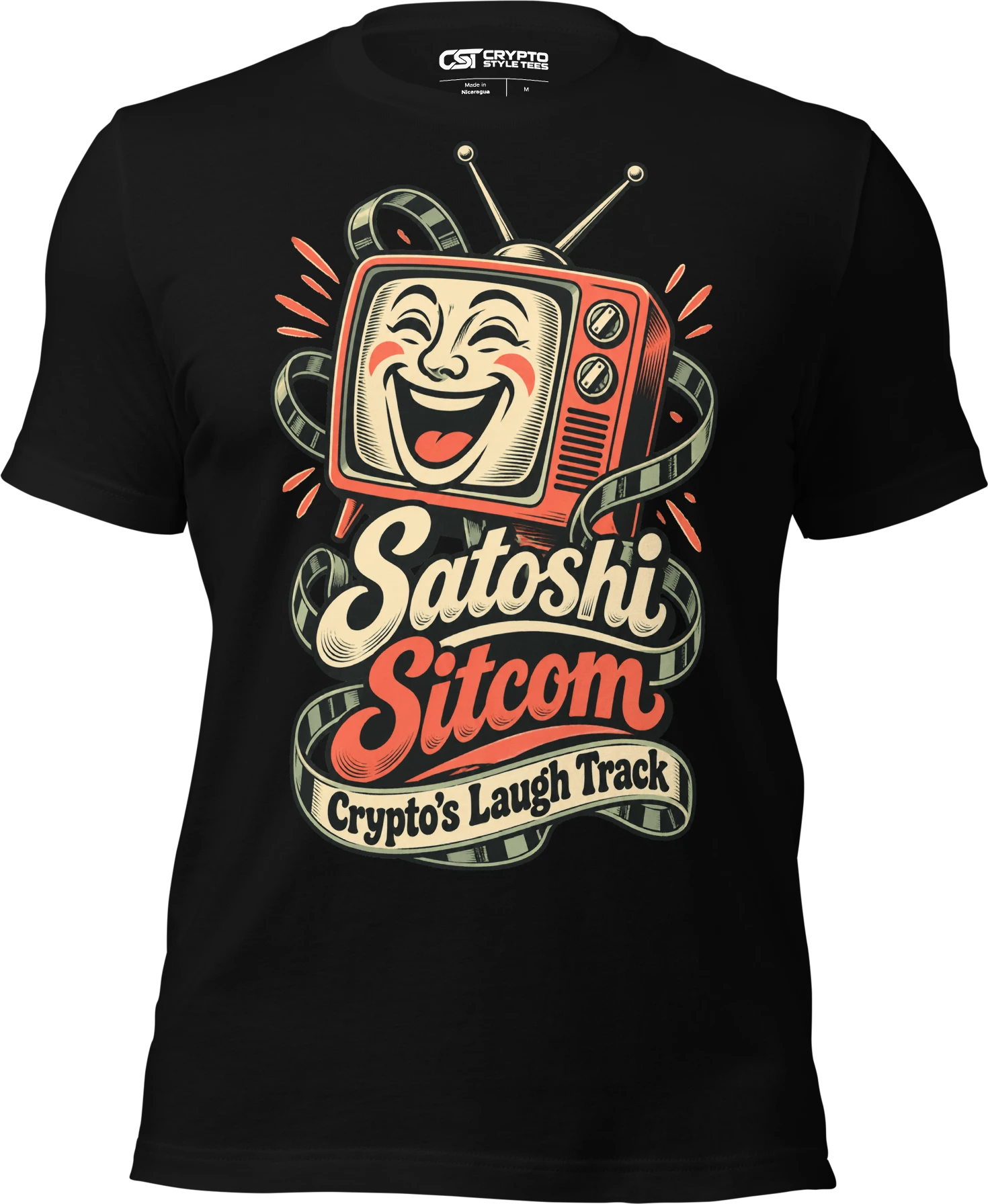 Satoshi Sitcom Crypto’s Laugh Track T Shirt in Black