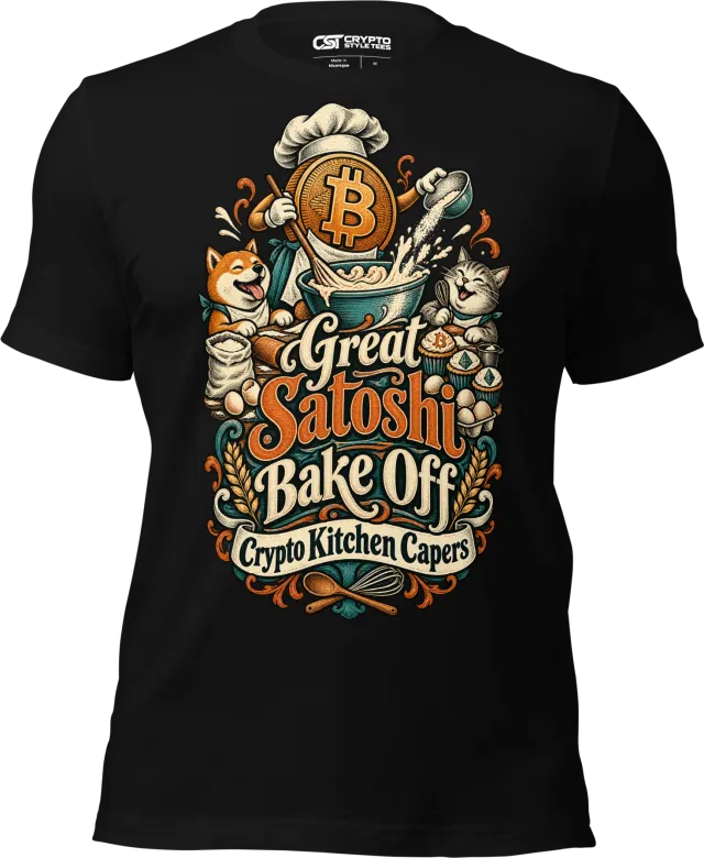Great Satoshi Bake Off Crypto Kitchen Capers T Shirt in Black