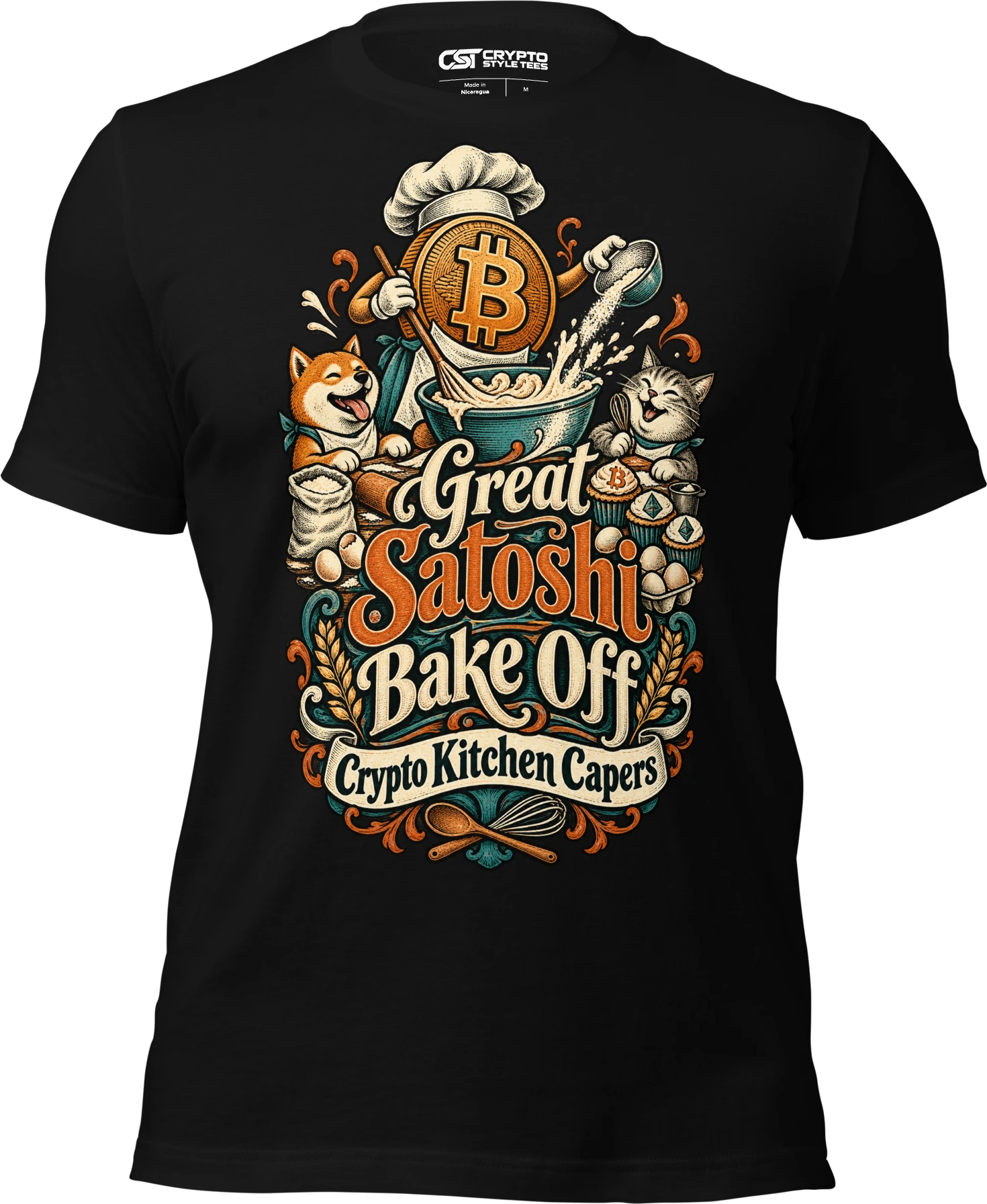Great Satoshi Bake Off Crypto Kitchen Capers T Shirt in Black
