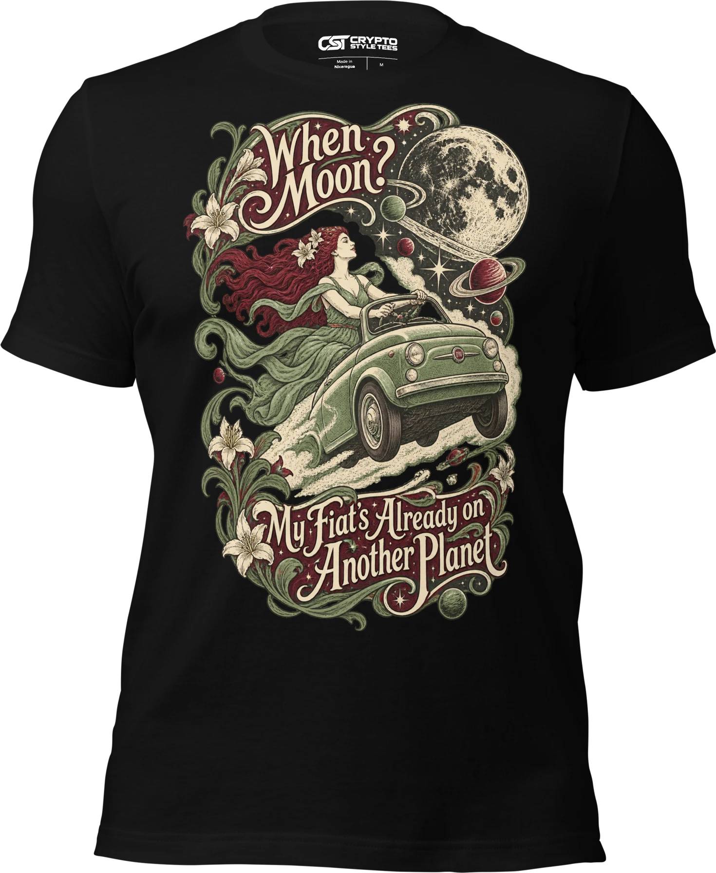 When Moon? My Fiat’s Already on Another Planet T Shirt in Black