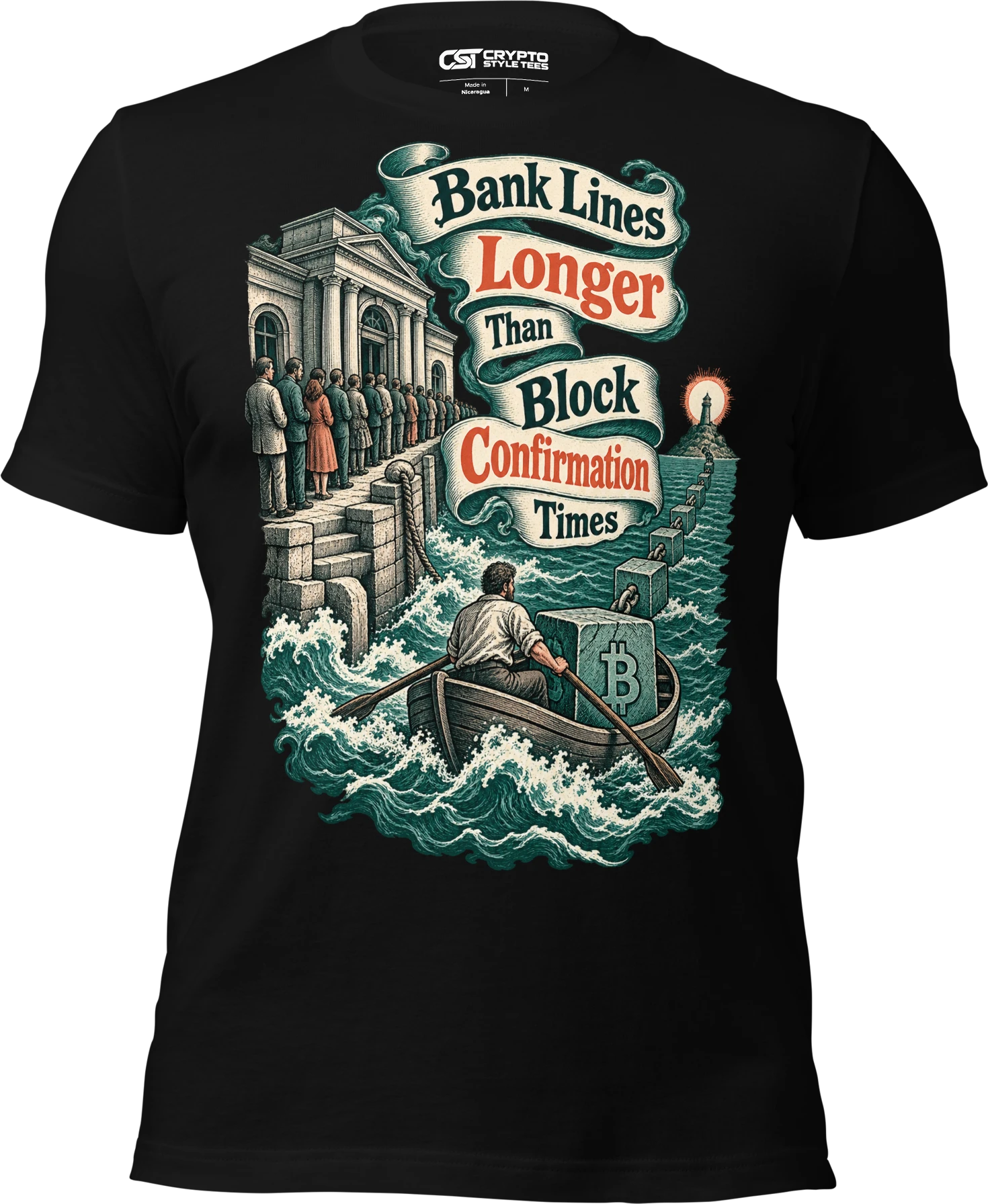Bank Lines Longer Than Block Confirmation Times T Shirt in Black