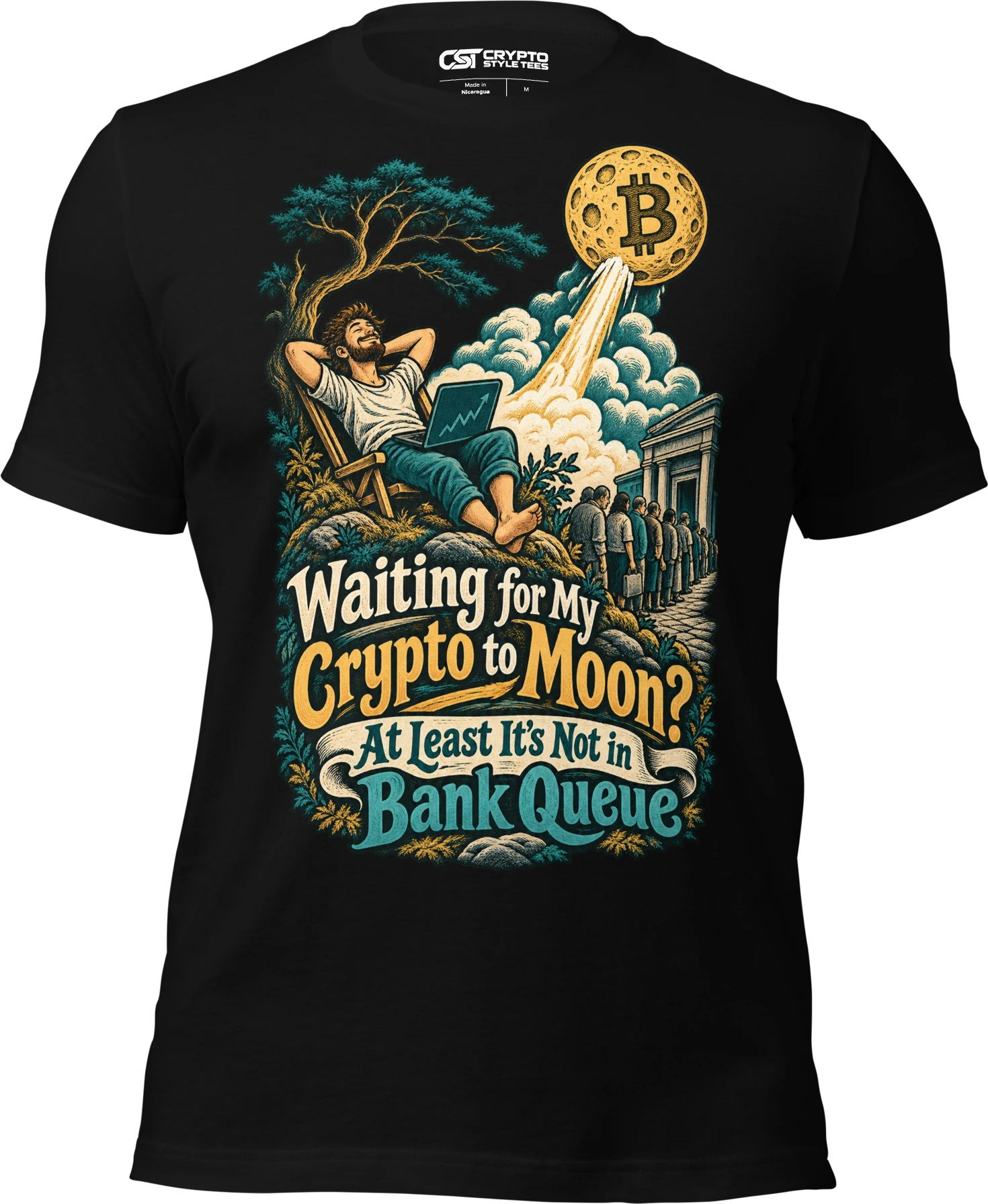 Waiting for My Crypto to Moon? At Least It’s Not in Bank Queue T Shirt in Black