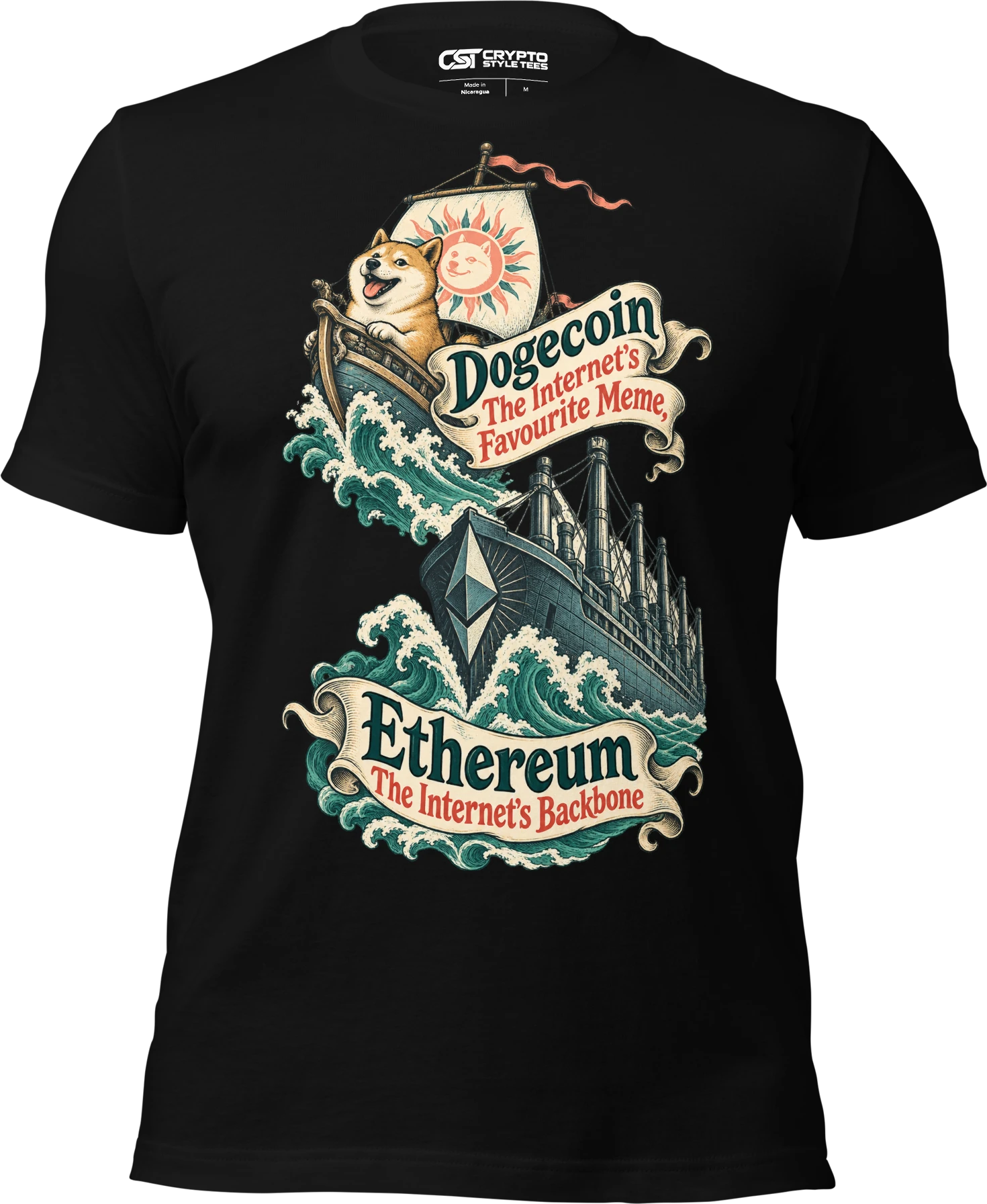 Dogecoin The Internet’s Favourite Meme, Ethereum The Internet’s Backbone T Shirt in Black