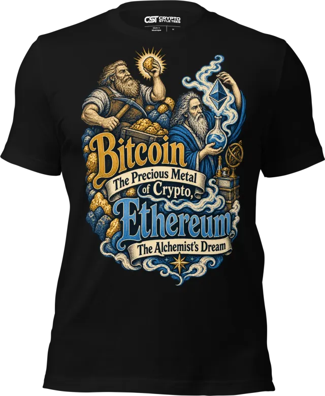 Bitcoin The Precious Metal of Crypto, Ethereum The Alchemist’s Dream T Shirt in Black