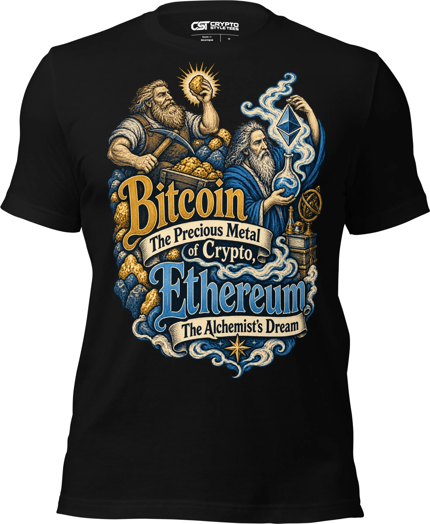 Bitcoin The Precious Metal of Crypto, Ethereum The Alchemist’s Dream T Shirt in Black