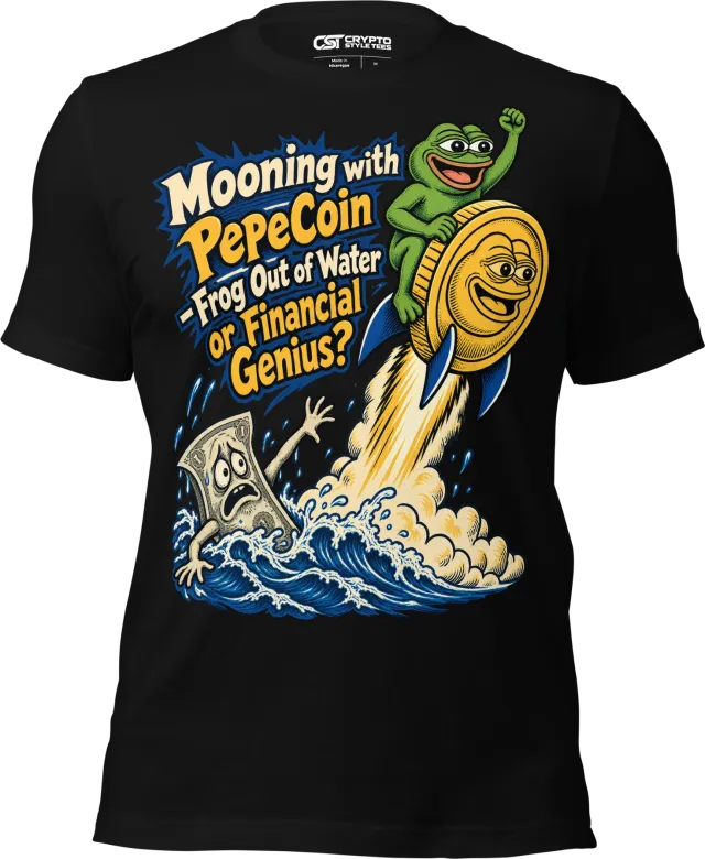 Mooning with PepeCoin – Frog Out of Water or Financial Genius? T Shirt in Black