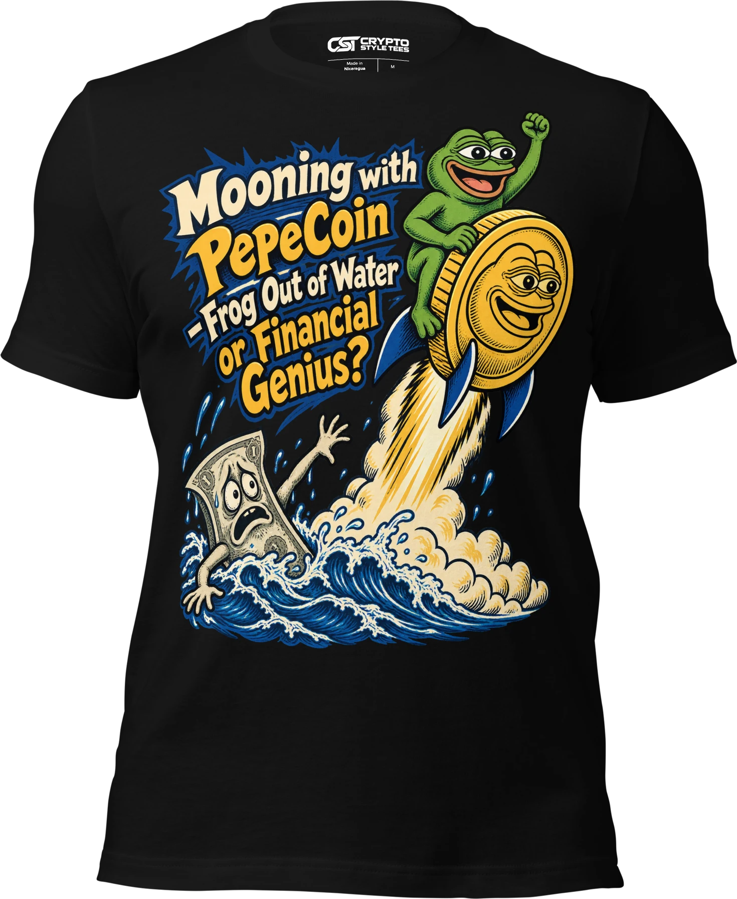 Mooning with PepeCoin – Frog Out of Water or Financial Genius? T Shirt in Black