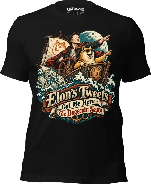 Elon’s Tweets Got Me Here – The Dogecoin Saga T Shirt in Black