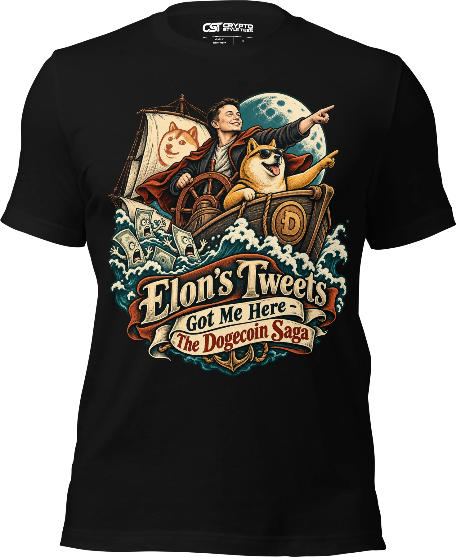 Elon’s Tweets Got Me Here – The Dogecoin Saga T Shirt in Black