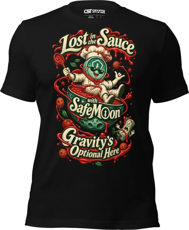 Lost in the Sauce with SafeMoon – Gravity’s Optional Here T Shirt in Black