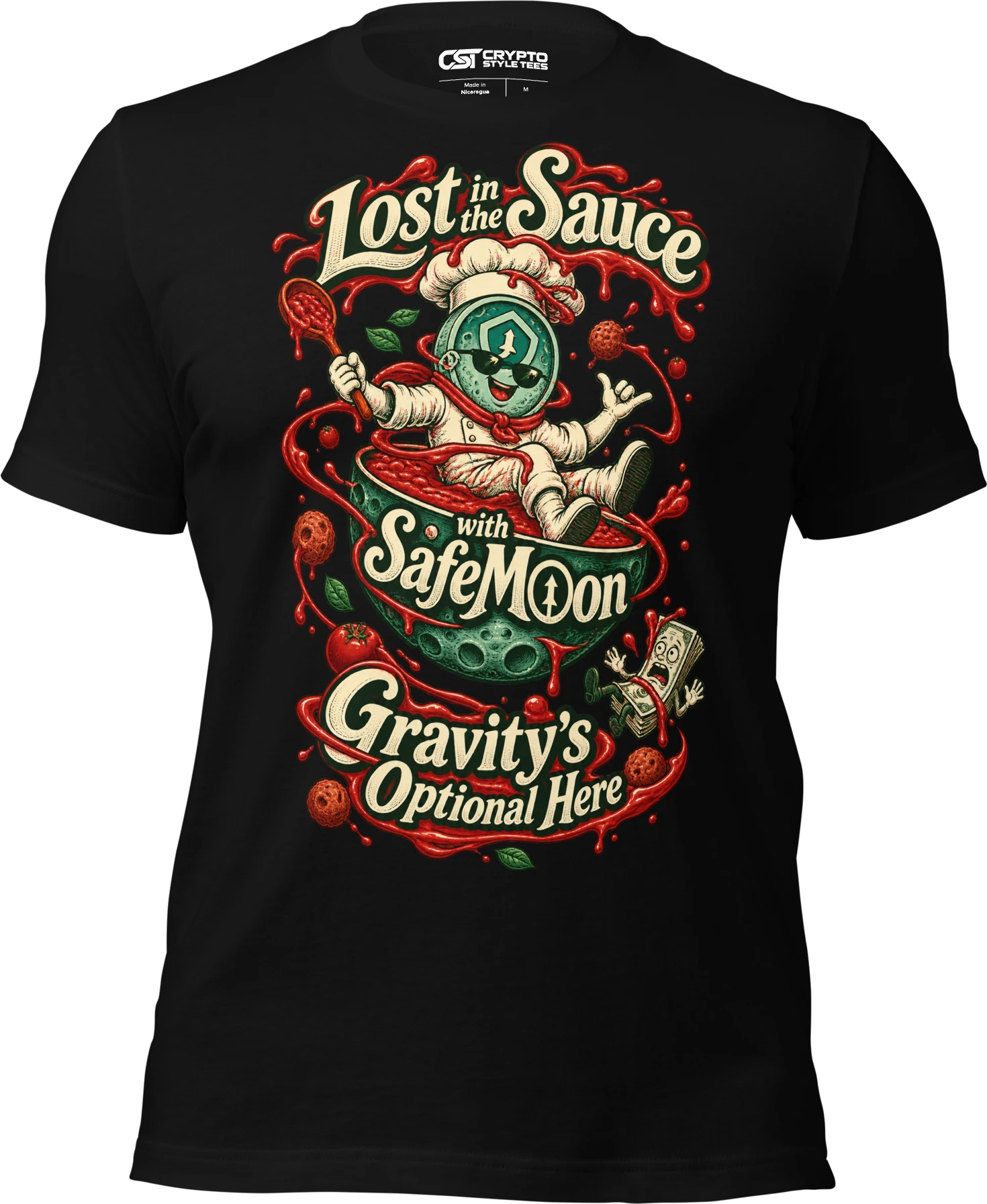 Lost in the Sauce with SafeMoon – Gravity’s Optional Here T Shirt in Black