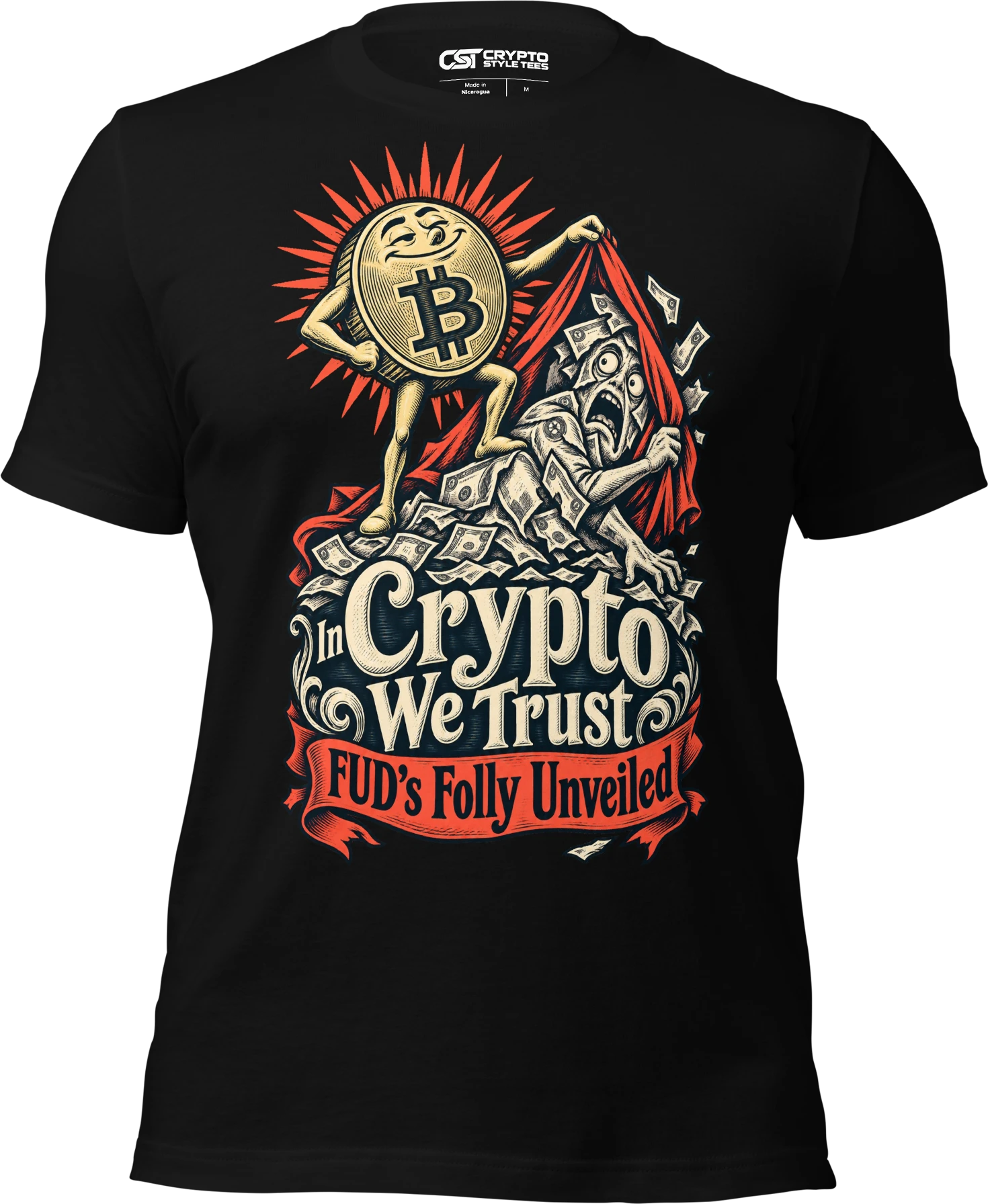 In Crypto We Trust FUD’s Folly Unveiled T Shirt in Black