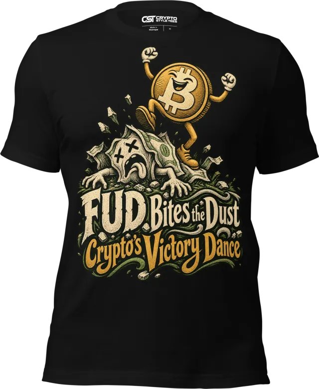 FUD Bites the Dust Crypto’s Victory Dance T Shirt in Black