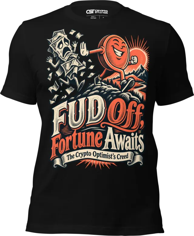 FUD Off, Fortune Awaits The Crypto Optimist’s Creed T Shirt in Black