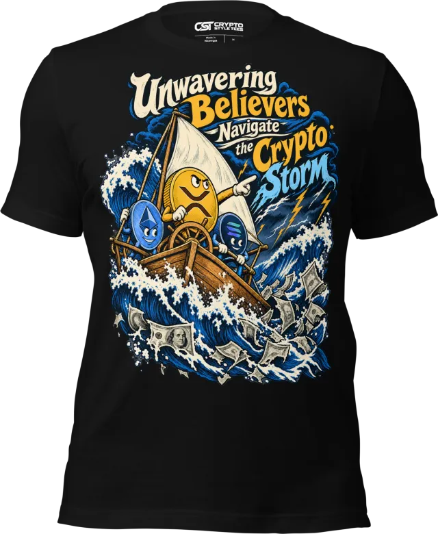 Unwavering Believers Navigate the Crypto Storm T Shirt in Black