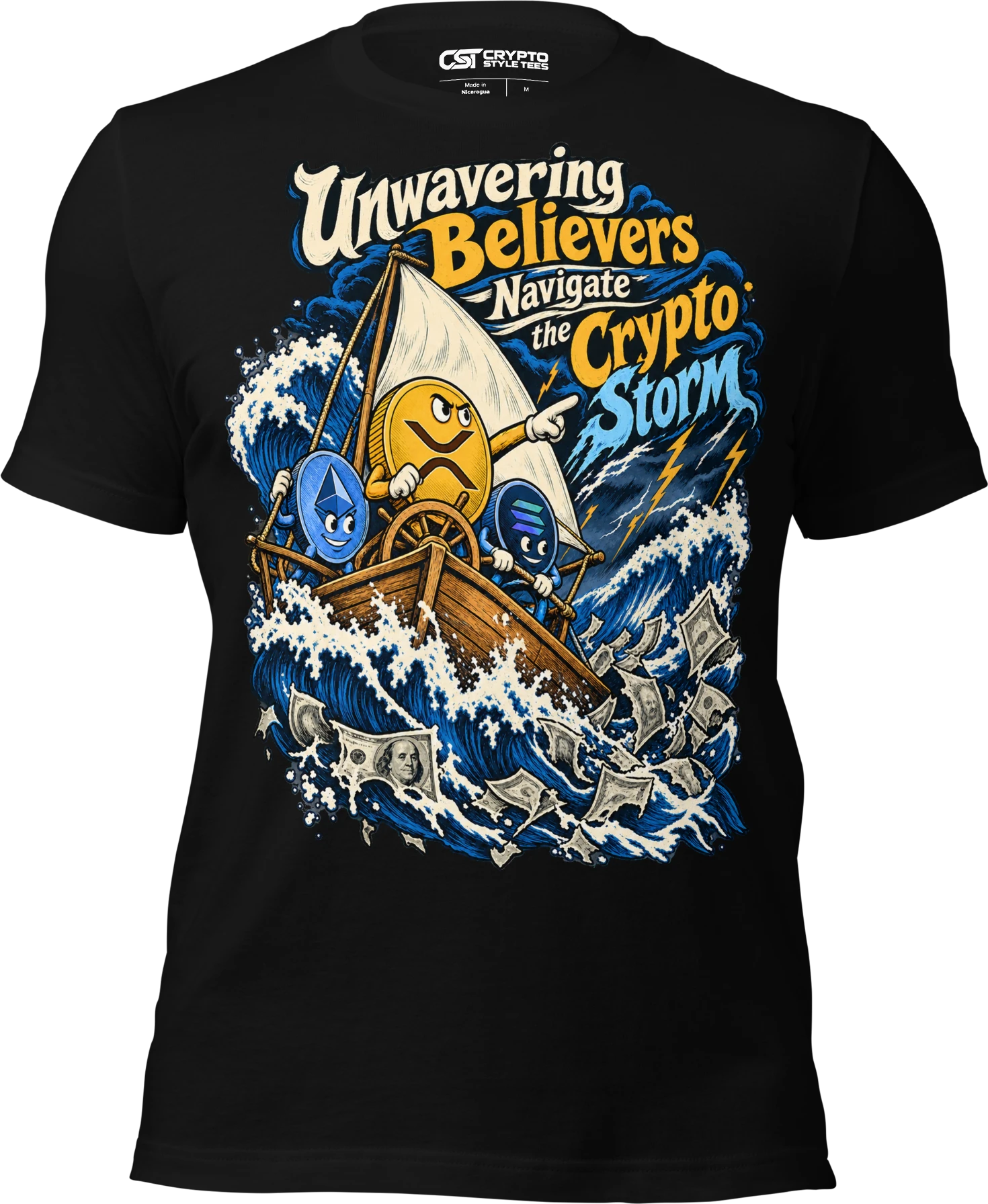 Unwavering Believers Navigate the Crypto Storm T Shirt in Black