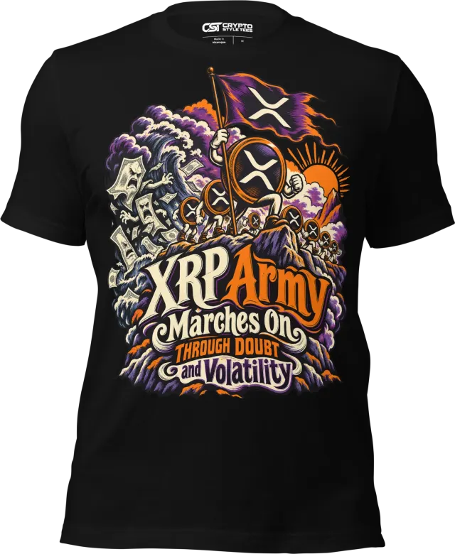 XRP Army Marches On Through Doubt and Volatility T Shirt in Black