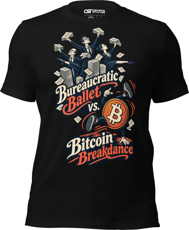 Bureaucratic Ballet vs. Bitcoin Breakdance T Shirt in Black
