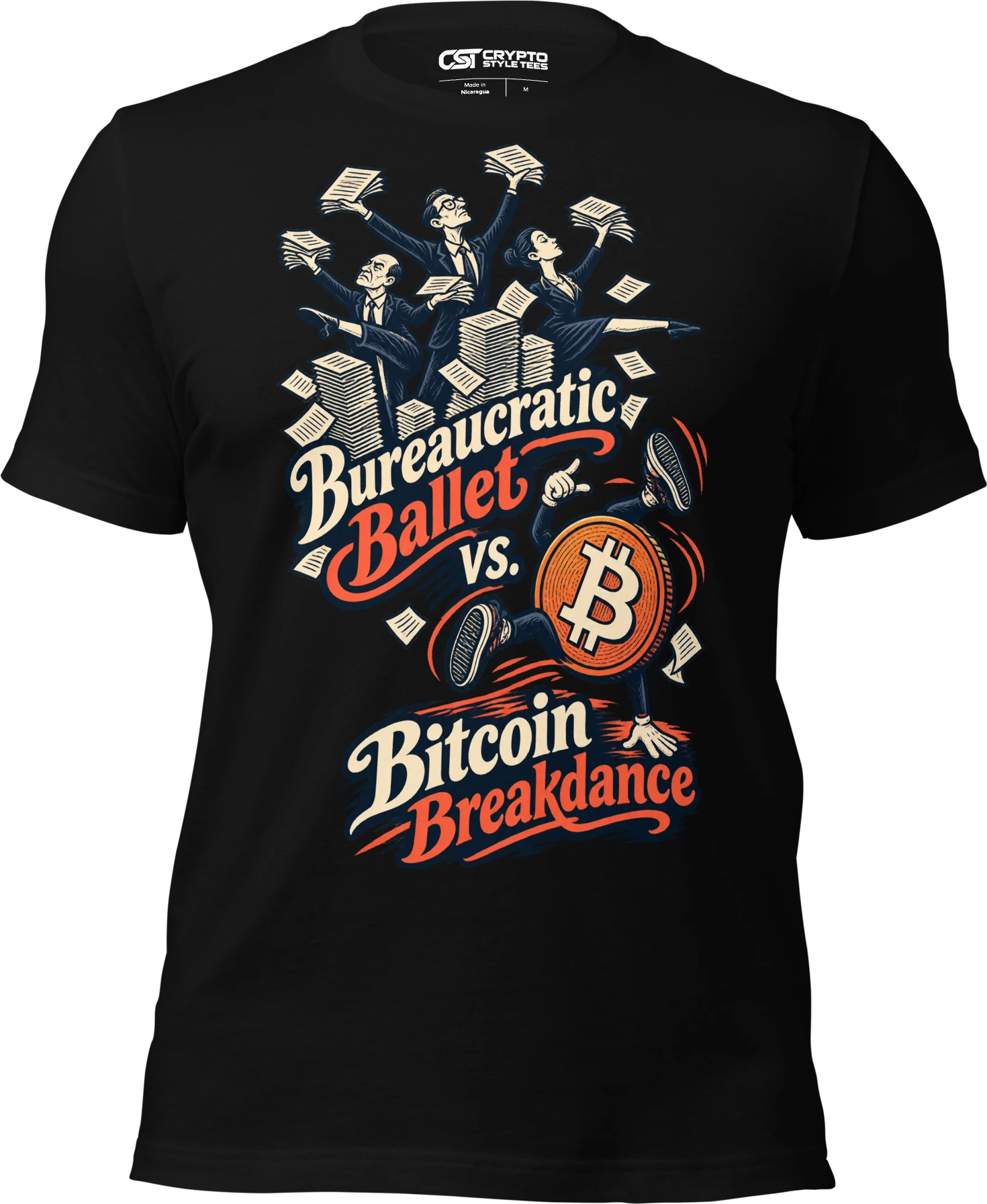 Bureaucratic Ballet vs. Bitcoin Breakdance T Shirt in Black