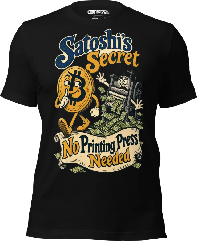 Satoshi’s Secret No Printing Press Needed T Shirt in Black