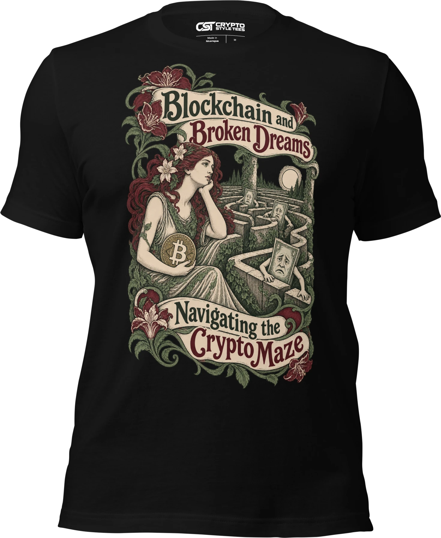 Blockchain and Broken Dreams Navigating the Crypto Maze T Shirt in Black
