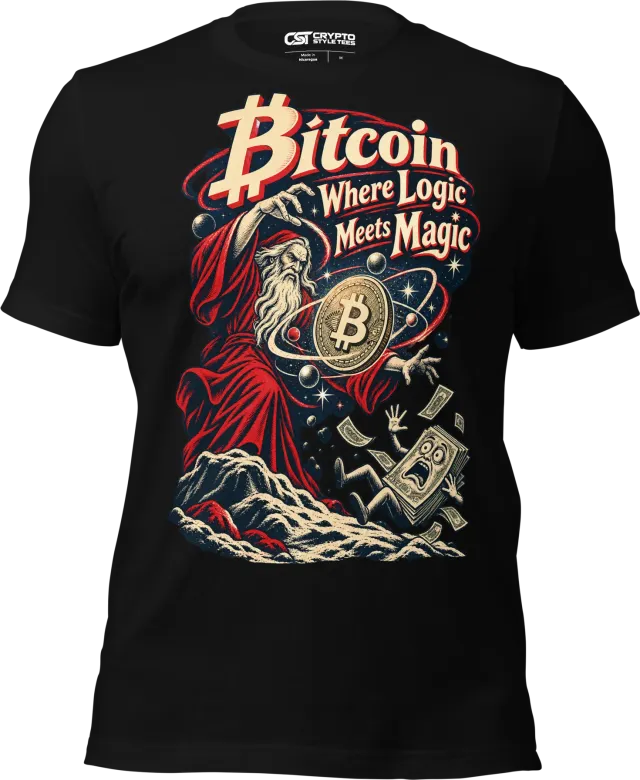 Bitcoin Where Logic Meets Magic T Shirt in Black