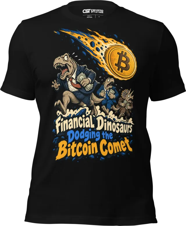 Financial Dinosaurs Dodging the Bitcoin Comet T Shirt in Black