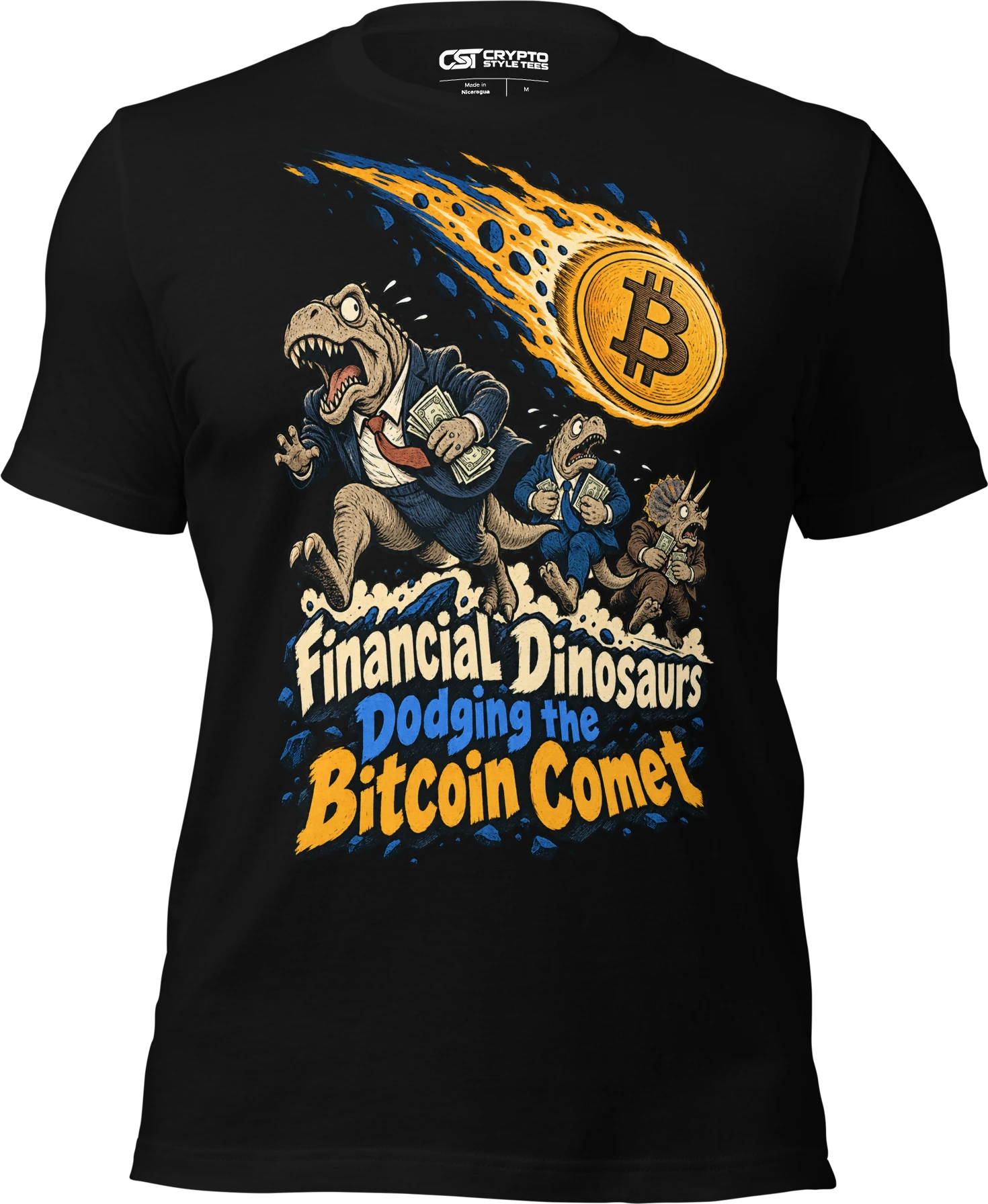 Financial Dinosaurs Dodging the Bitcoin Comet T Shirt in Black