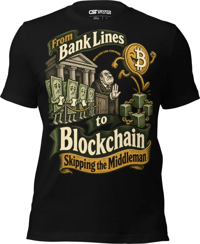From Bank Lines to Blockchain Skipping the Middleman T Shirt in Black