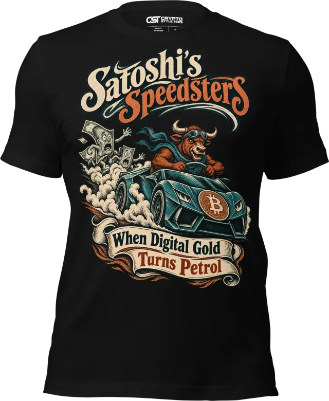 Satoshi’s Speedsters – When Digital Gold Turns Petrol T Shirt in Black