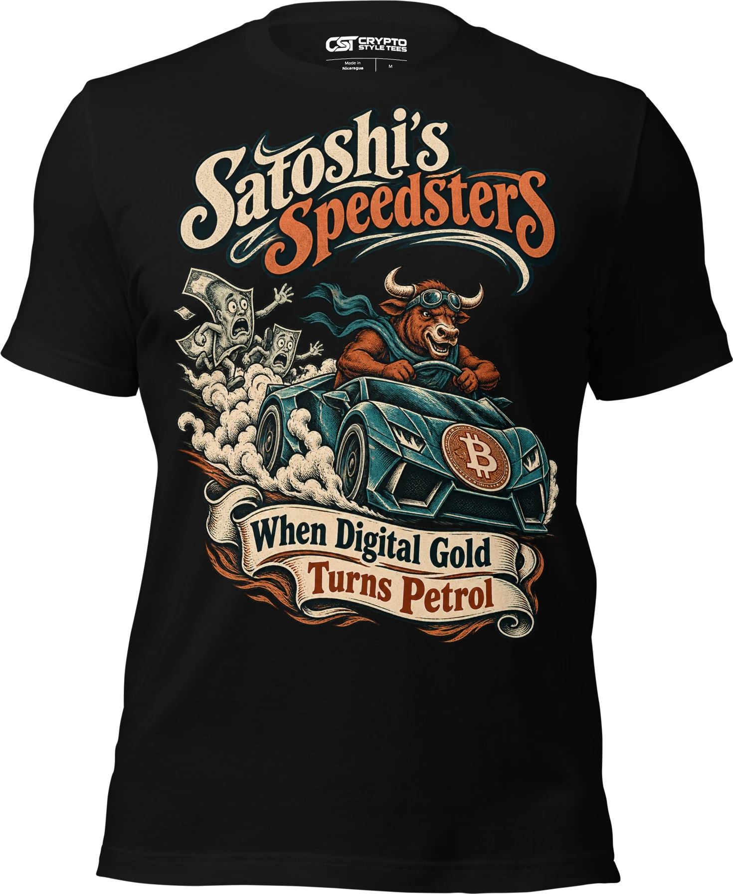 Satoshi’s Speedsters – When Digital Gold Turns Petrol T Shirt