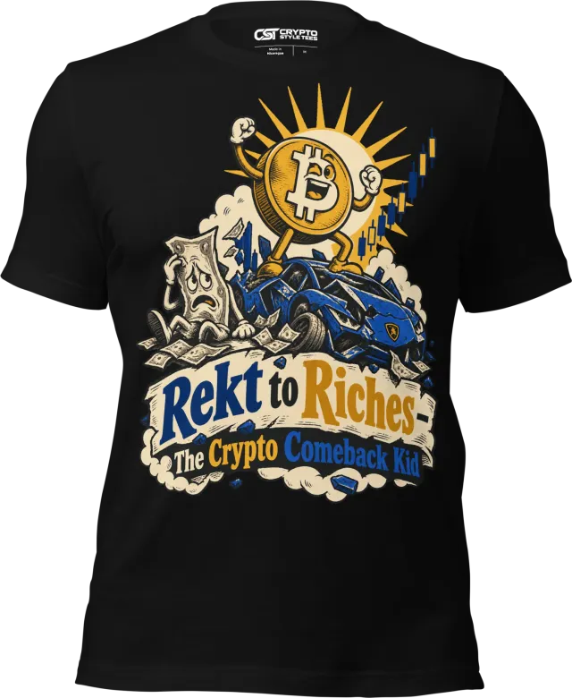 Rekt to Riches – The Crypto Comeback Kid T Shirt in Black