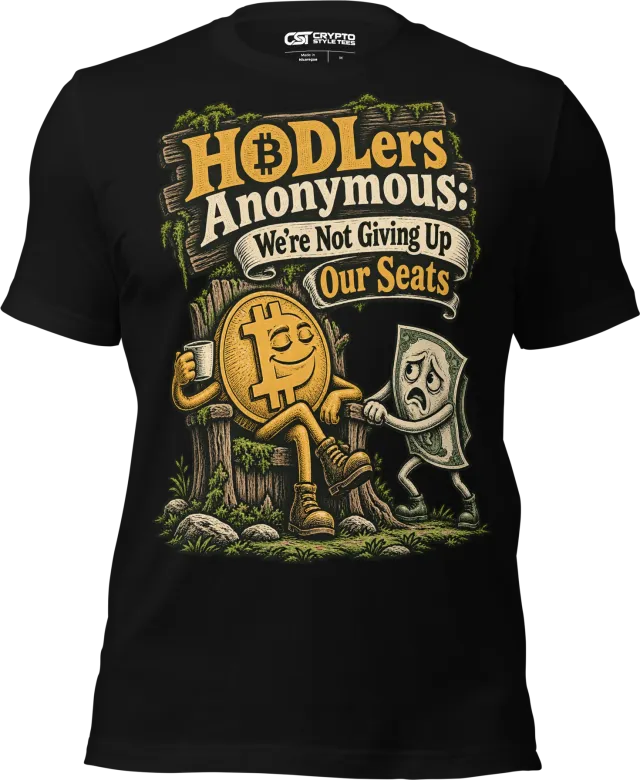 HODLers Anonymous: We’re Not Giving Up Our Seats T Shirt in Black