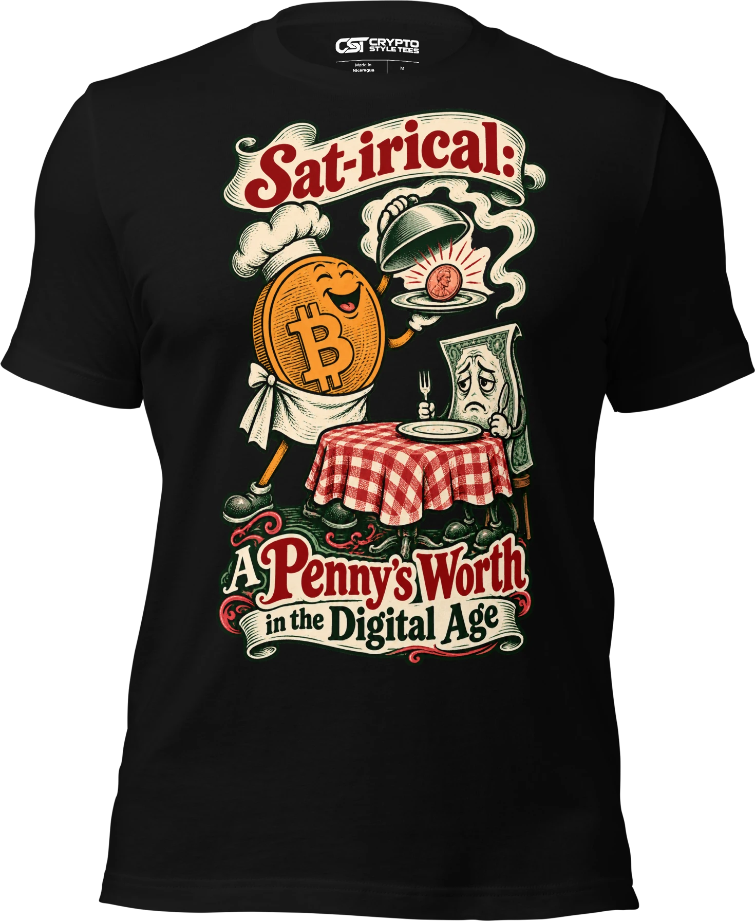 Sat-irical: A Penny’s Worth in the Digital Age T Shirt in Black