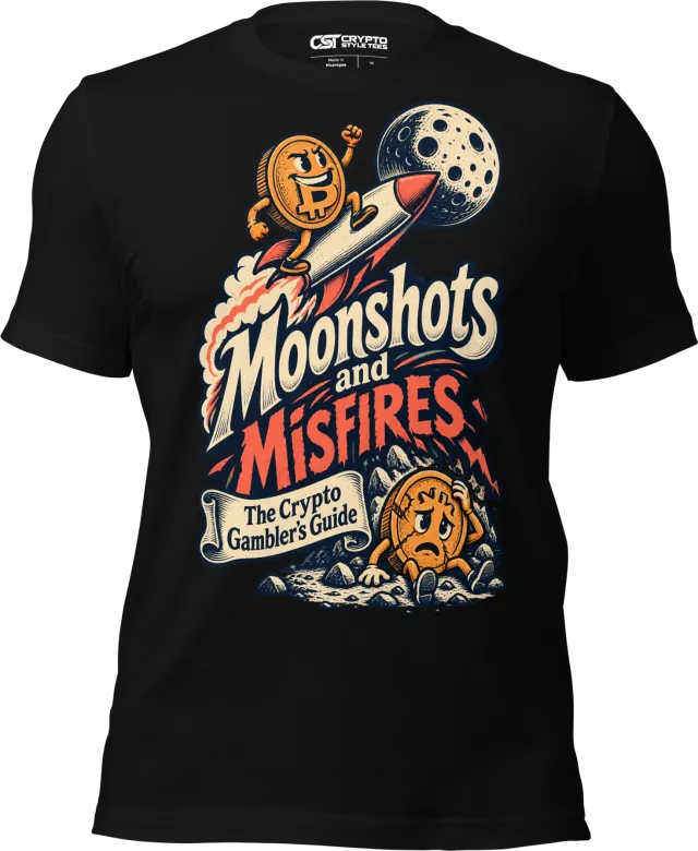 Moonshots and Misfires The Crypto Gambler’s Guide T Shirt in Black