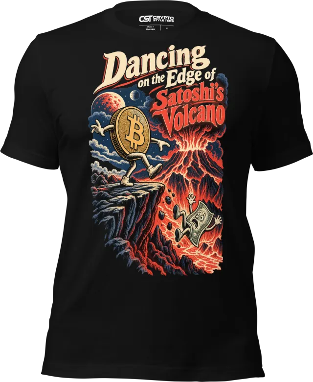 Dancing on the Edge of Satoshi’s Volcano T Shirt in Black