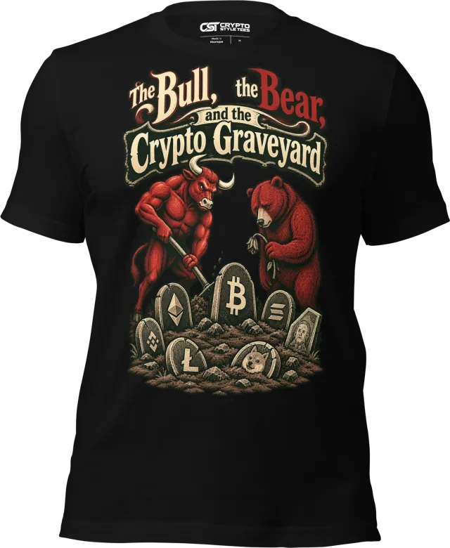 The Bull, the Bear, and the Crypto Graveyard T Shirt in Black