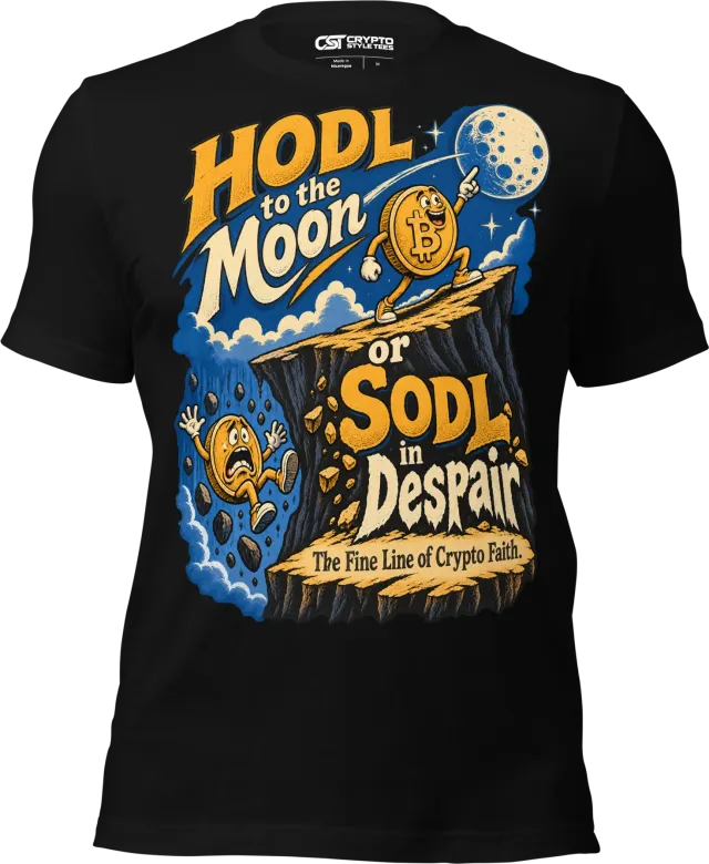 HODL to the Moon or SODL in Despair The Fine Line of Crypto Faith. T Shirt in Black
