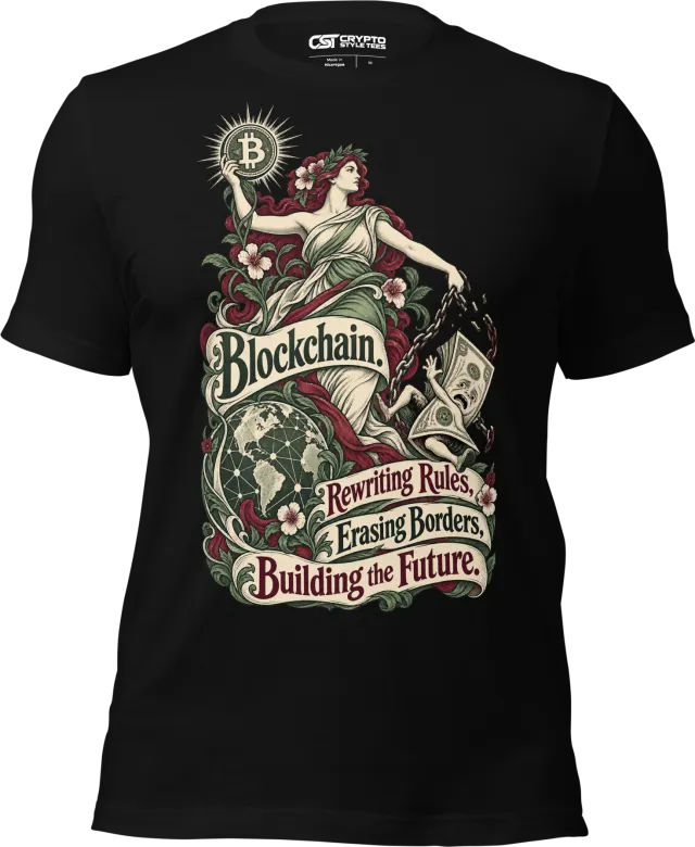 Blockchain. Rewriting Rules, Erasing Borders, Building the Future. T Shirt in Black