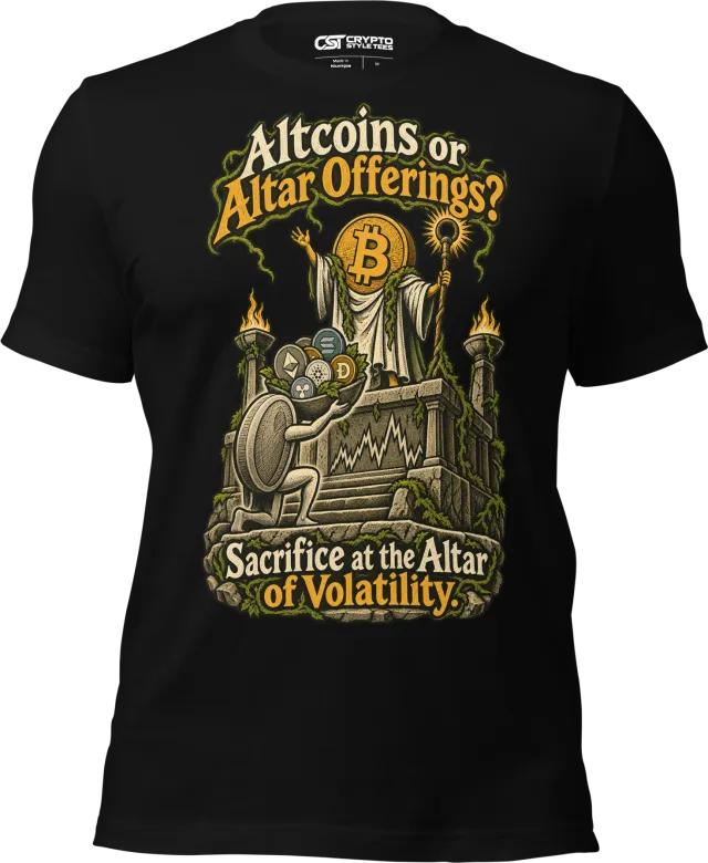 Altcoins or Altar Offerings? Sacrifice at the Altar of Volatility. T Shirt in Black