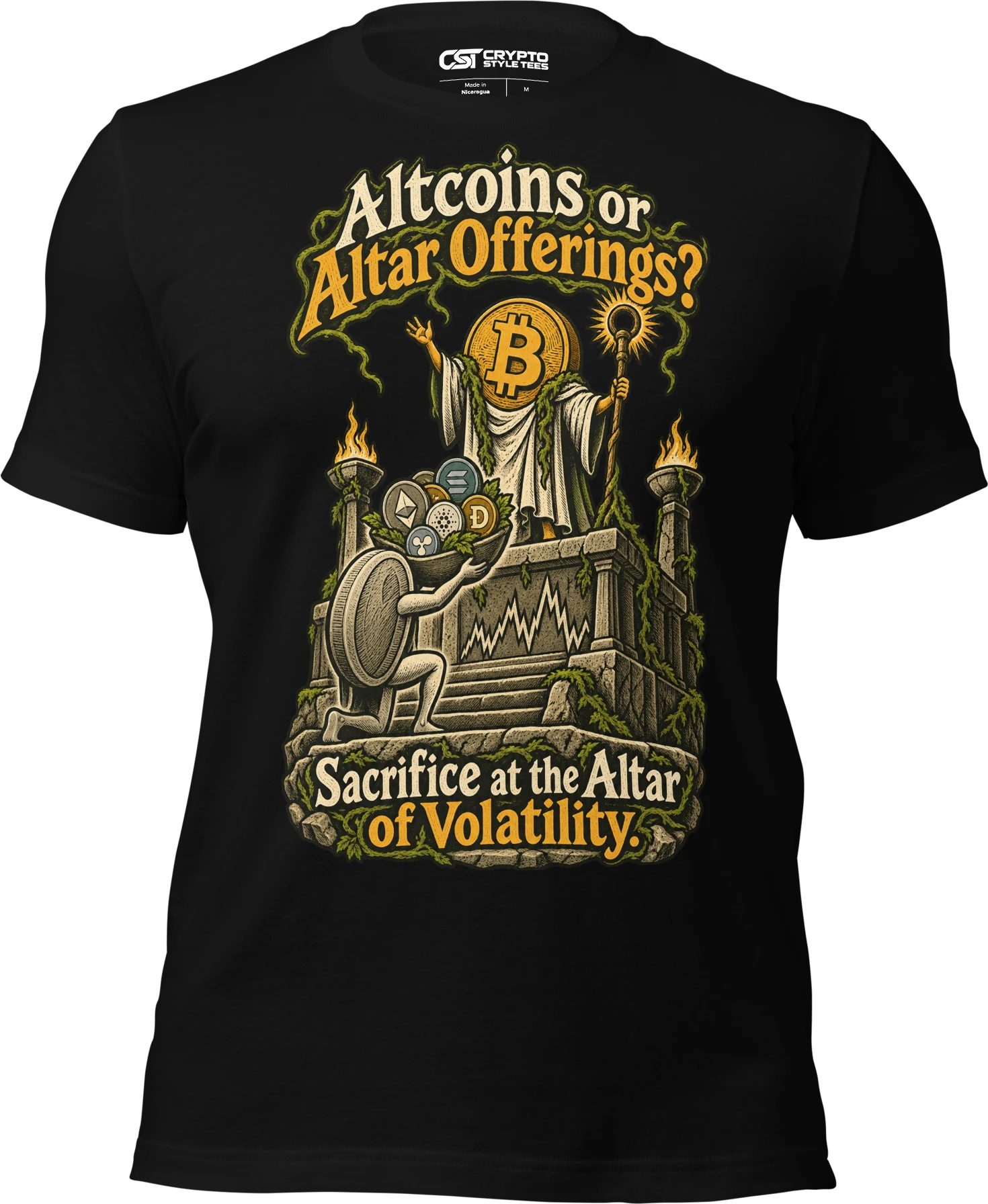 Altcoins or Altar Offerings? Sacrifice at the Altar of Volatility. T Shirt in Black