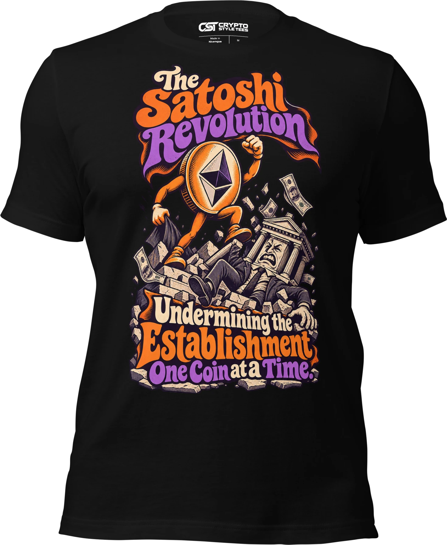The Satoshi Revolution Undermining the Establishment One Coin at a Time. T Shirt in Black