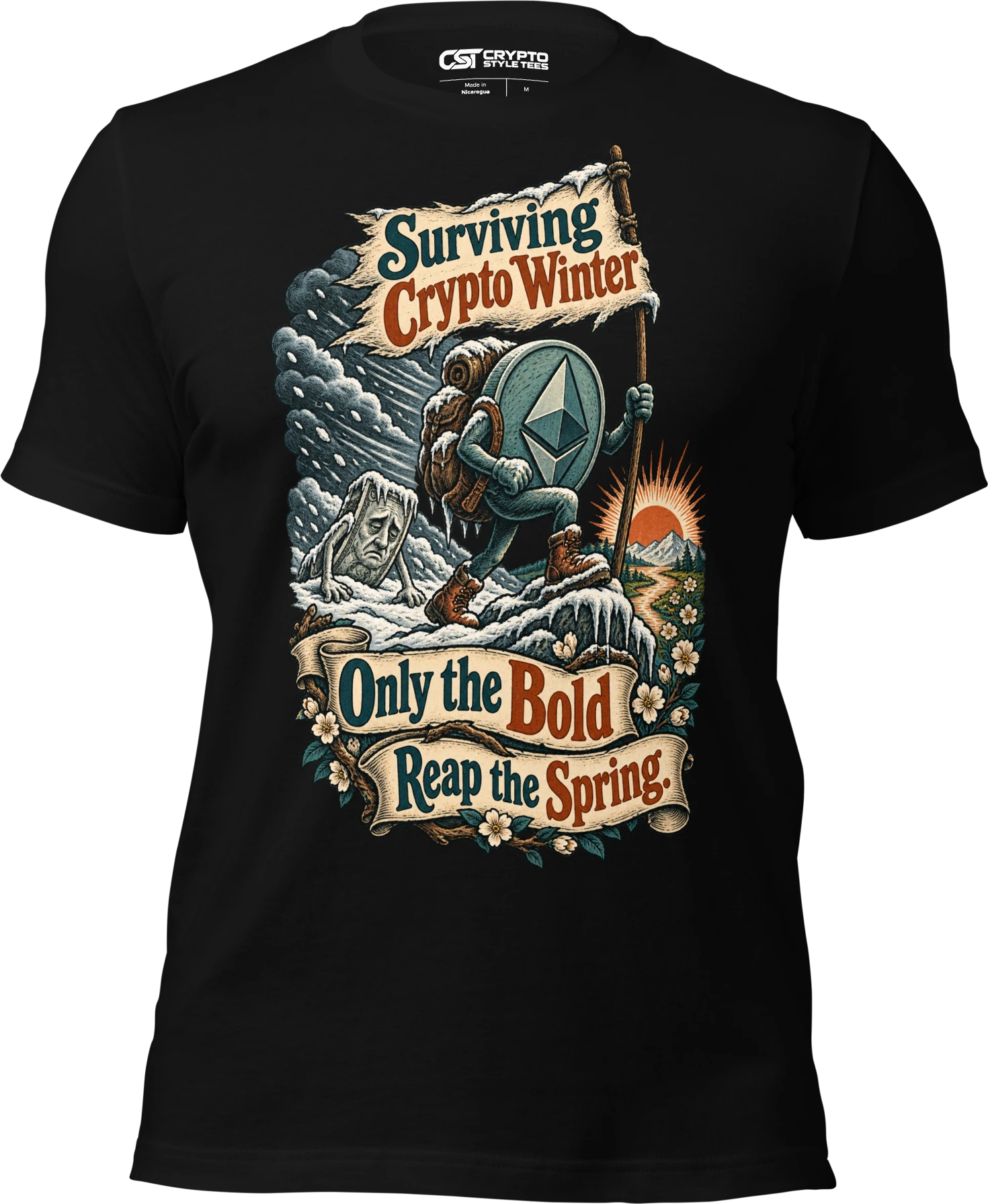 Surviving Crypto Winter Only the Bold Reap the Spring. T Shirt in Black