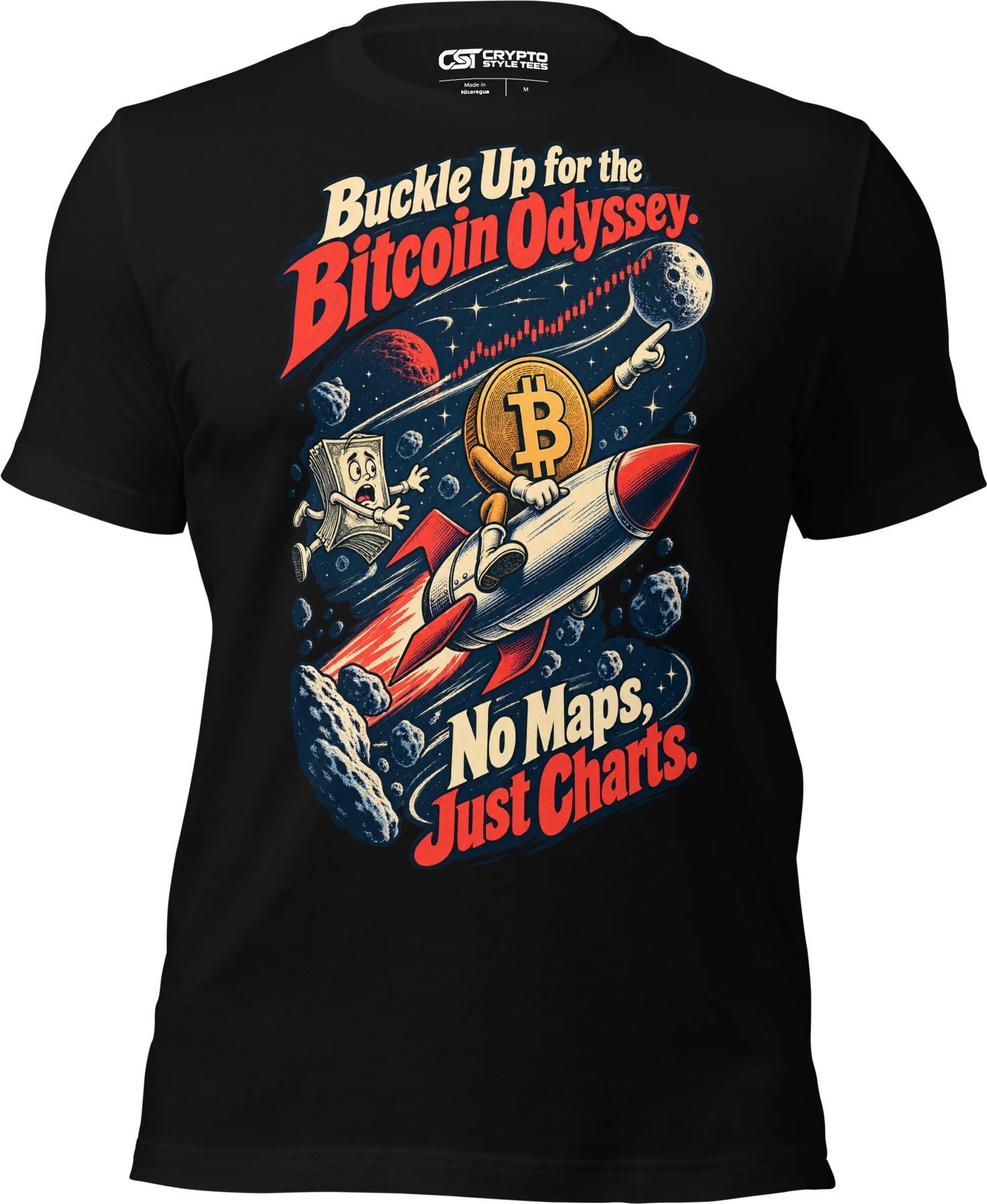 Buckle Up for the Bitcoin Odyssey. No Maps, Just Charts. T Shirt in Black