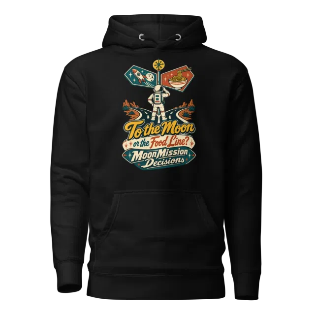 To the Moon or the Food Line? MoonMission Decisions Hoodie in Black