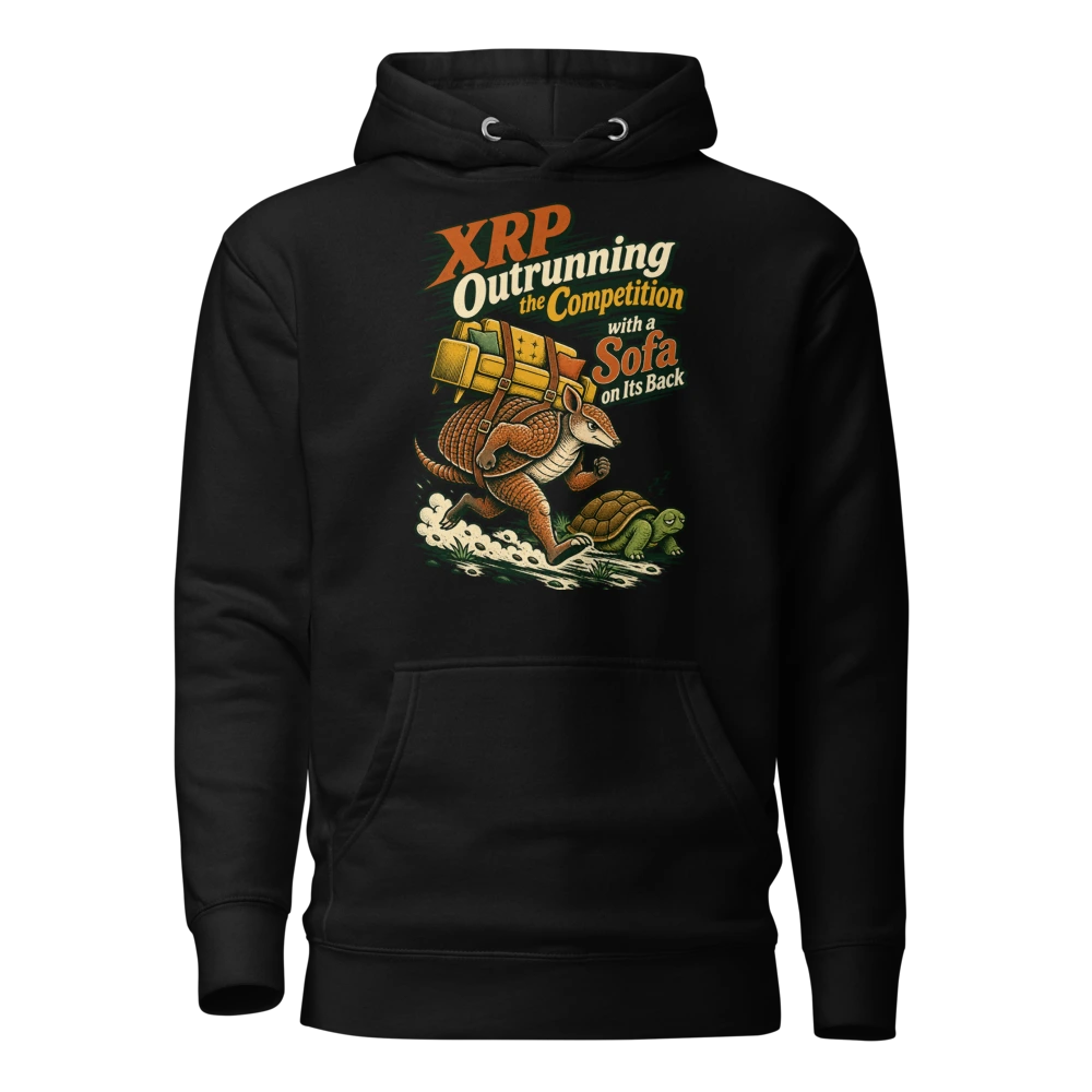 XRP Outrunning the Competition with a Sofa on Its Back Hoodie in Black