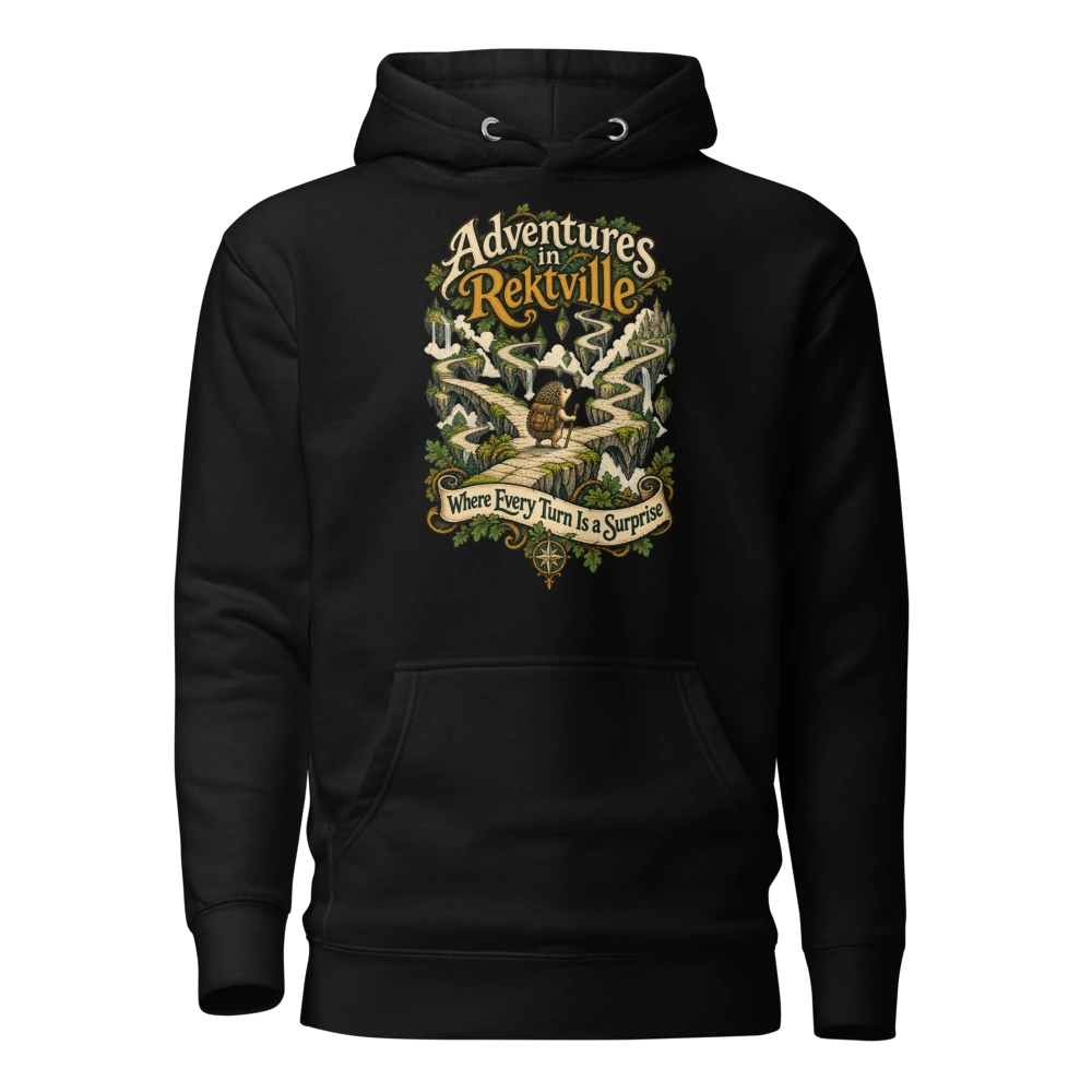 Adventures in Rektville Where Every Turn Is a Surprise Hoodie in Black